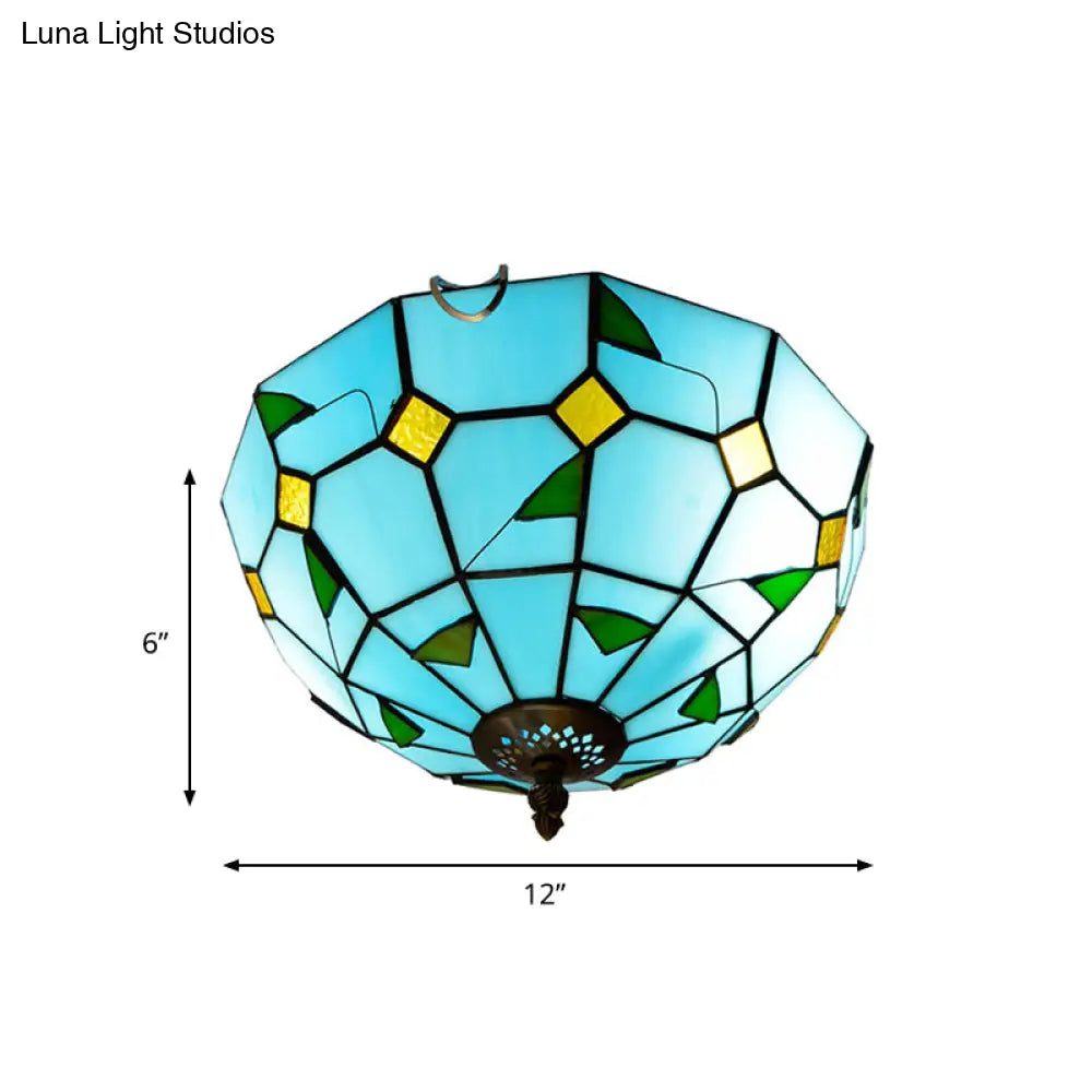 Blue Leaf Flush Ceiling Light Tiffany Stained Glass Lamp - 12/16 Wide 2/3 Lights