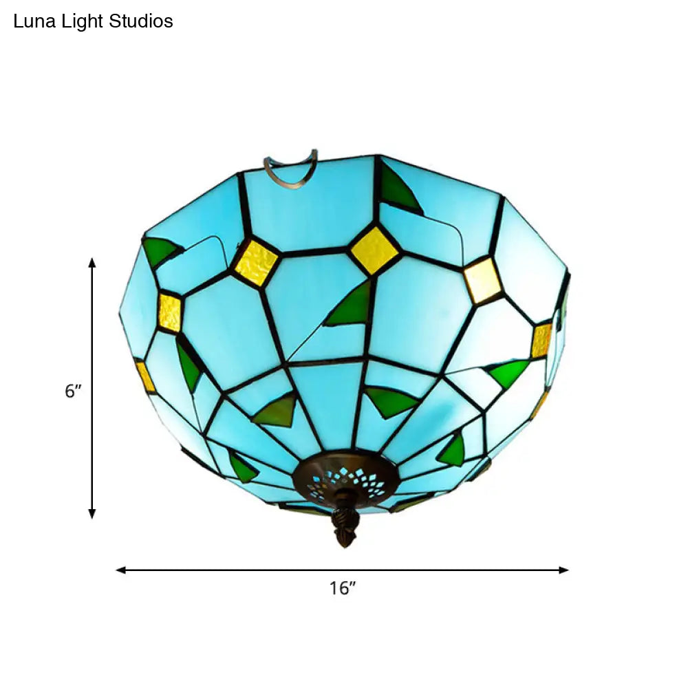 Blue Leaf Flush Ceiling Light Tiffany Stained Glass Lamp - 12/16 Wide 2/3 Lights