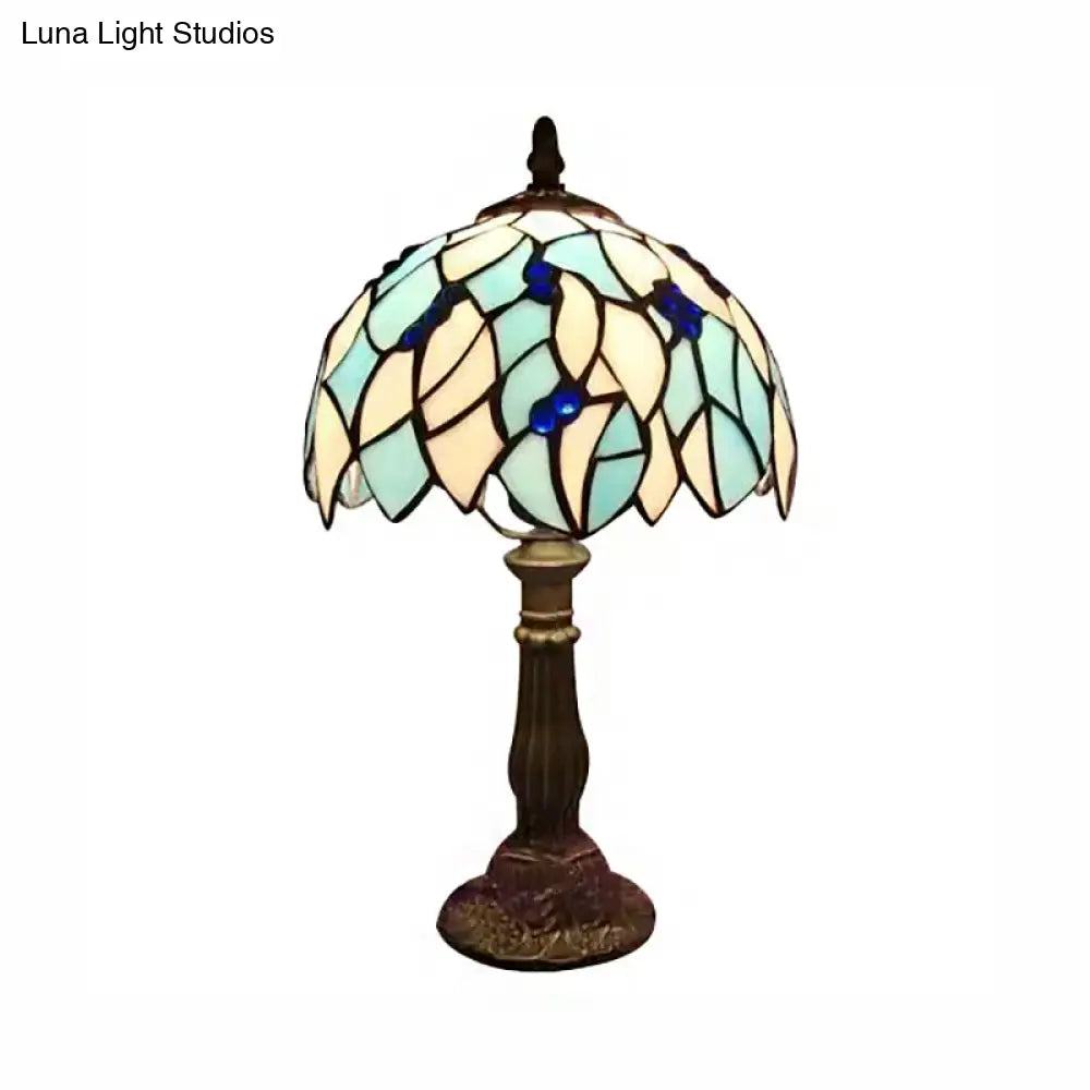 Blue Leaf Tiffany Stained Glass Table Light For Bedroom With Dome Shade - Standing Lamp 1 Bulb