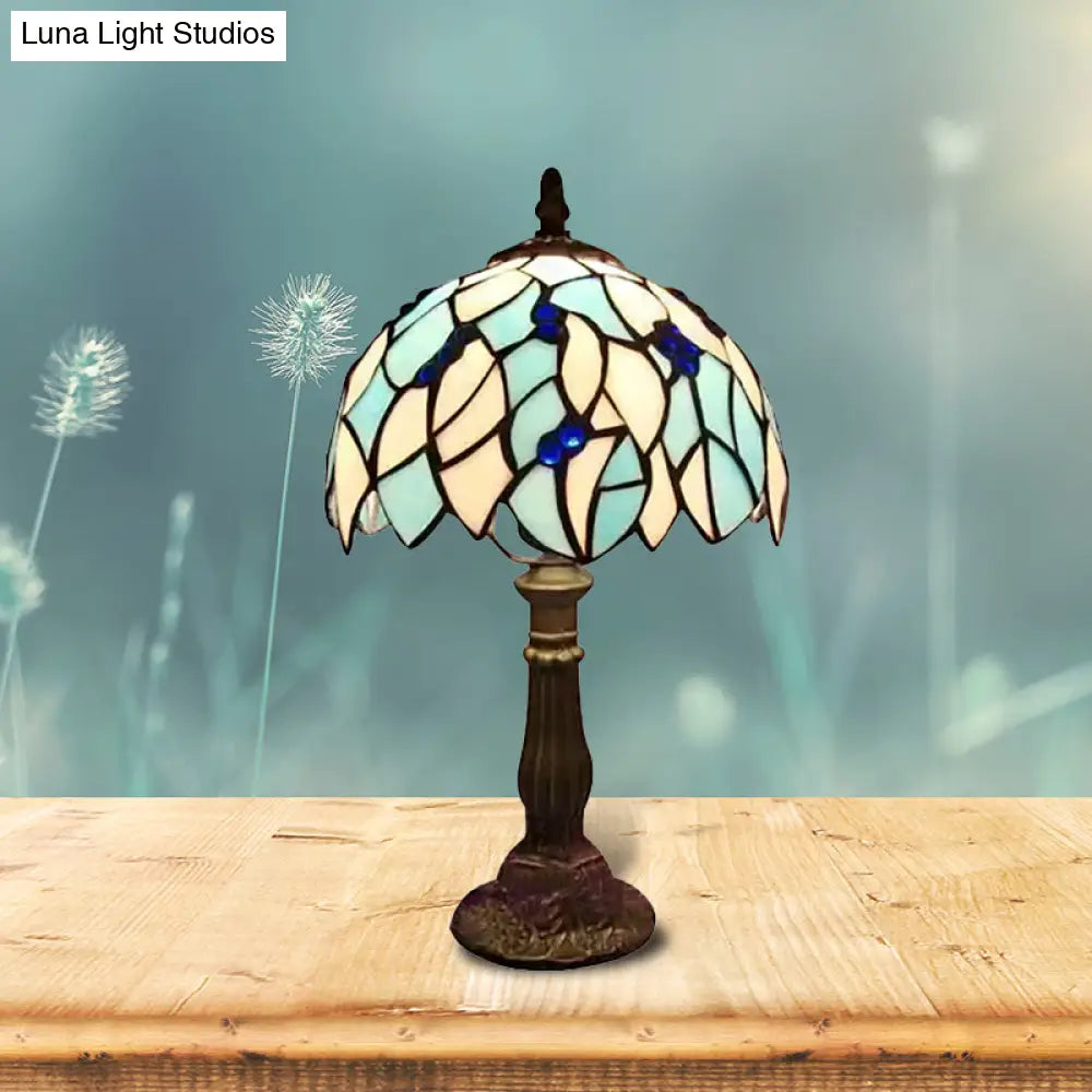 Blue Leaf Tiffany Stained Glass Table Light For Bedroom With Dome Shade - Standing Lamp 1 Bulb