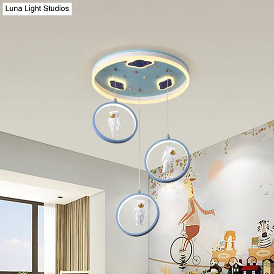 Blue Led Acrylic Astronaut Suspension Pendant: Cartoon Lighting With Hanging Circular Design