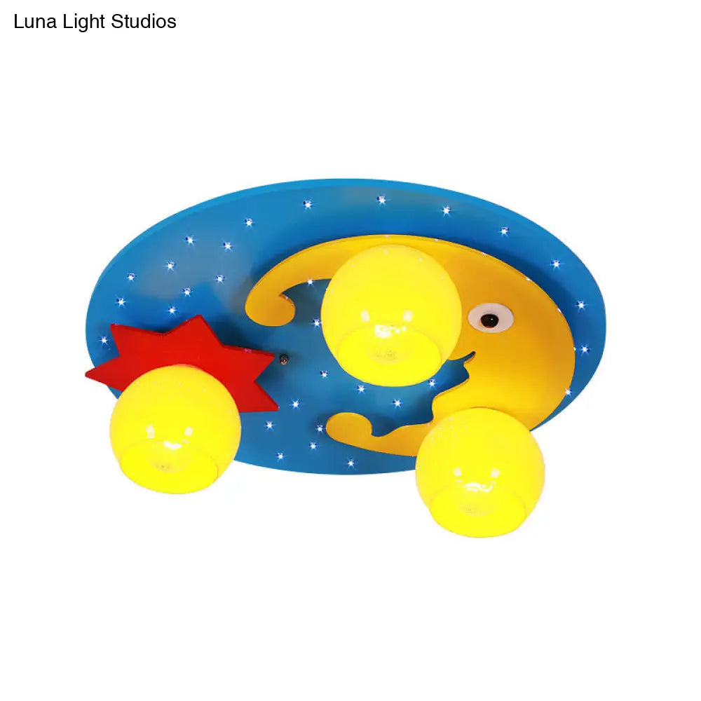 Blue Led Cartoon Ceiling Lamp For Childs Bedroom - Wood Night View Flush Mount Light