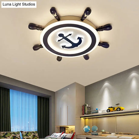 Blue Led Flushmount Ceiling Lamp For Kids Room With Cartoon Ship Rudder Design