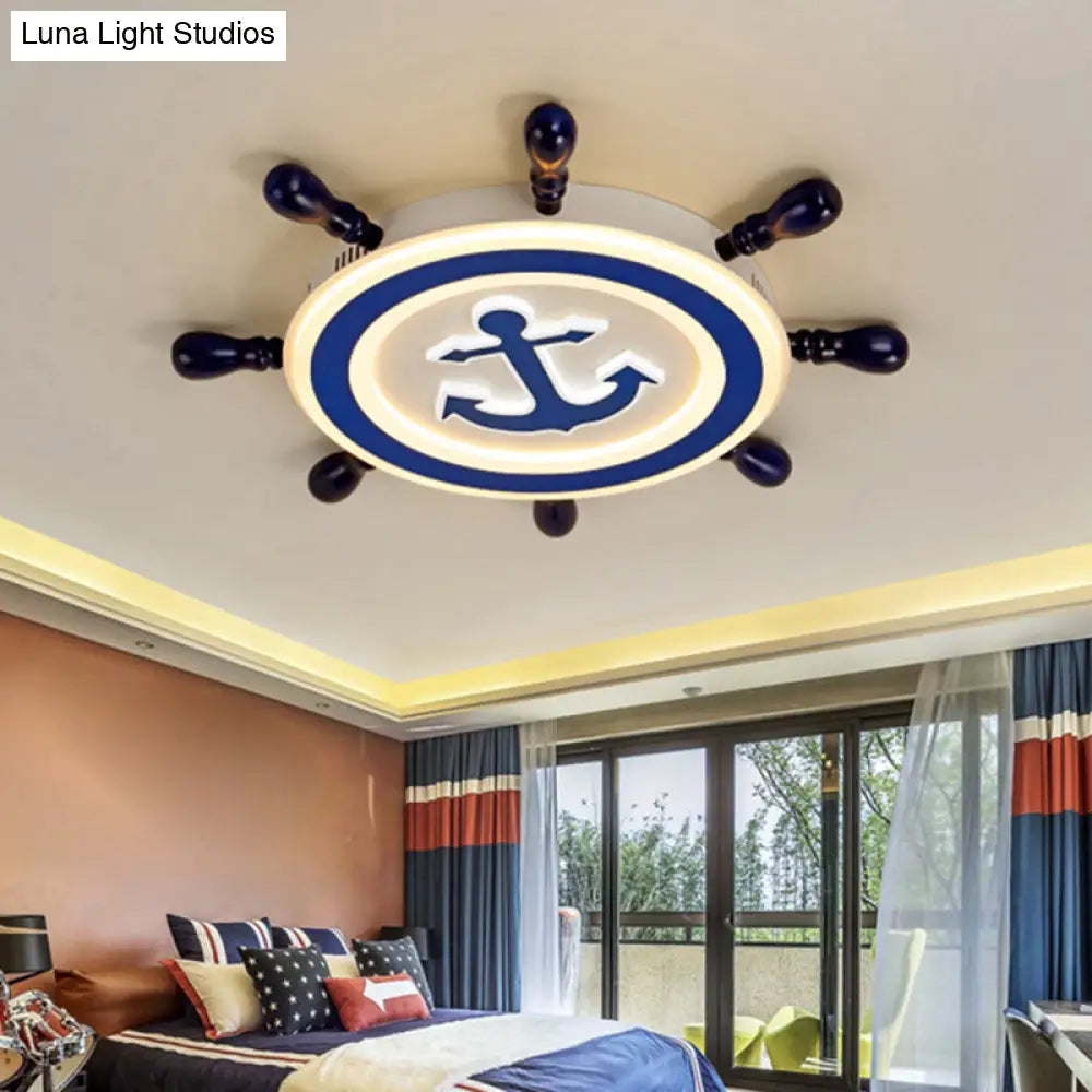 Blue Led Flushmount Ceiling Lamp For Kids Room With Cartoon Ship Rudder Design