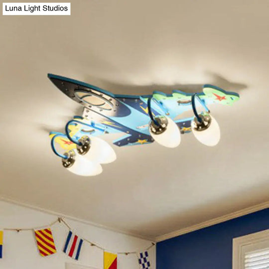 Blue Led Wood Flushmount Ceiling Light For Kids Plane-Themed Kindergarten