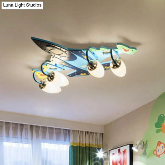 Blue Led Wood Flushmount Ceiling Light For Kids Plane-Themed Kindergarten