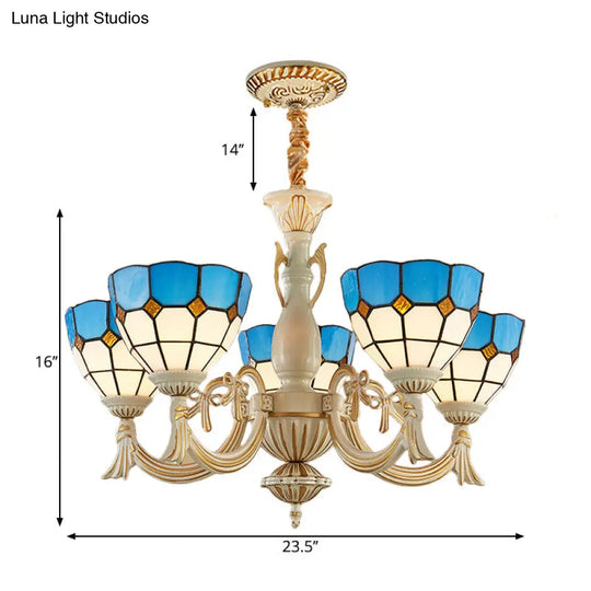 Blue Mediterranean Glass Pendant Light: 5-Light Bowl Chandelier For Elegant Hall Ambiance