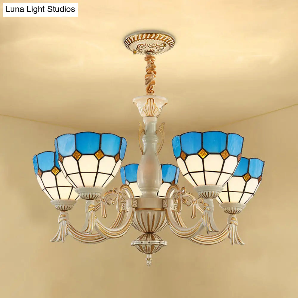 Blue Mediterranean Glass Pendant Light: 5-Light Bowl Chandelier For Elegant Hall Ambiance