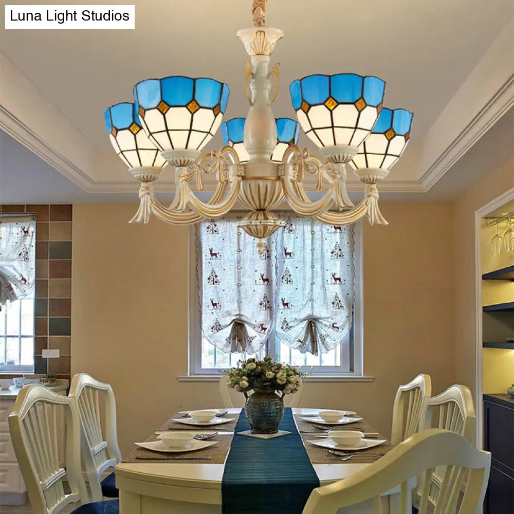 Blue Mediterranean Glass Pendant Light: 5-Light Bowl Chandelier For Elegant Hall Ambiance