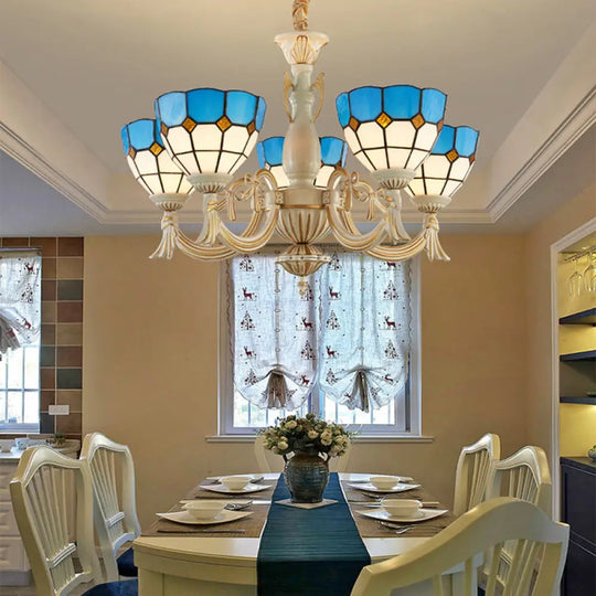 Blue Mediterranean Glass Pendant Chandelier With 5 Lights For Hallway