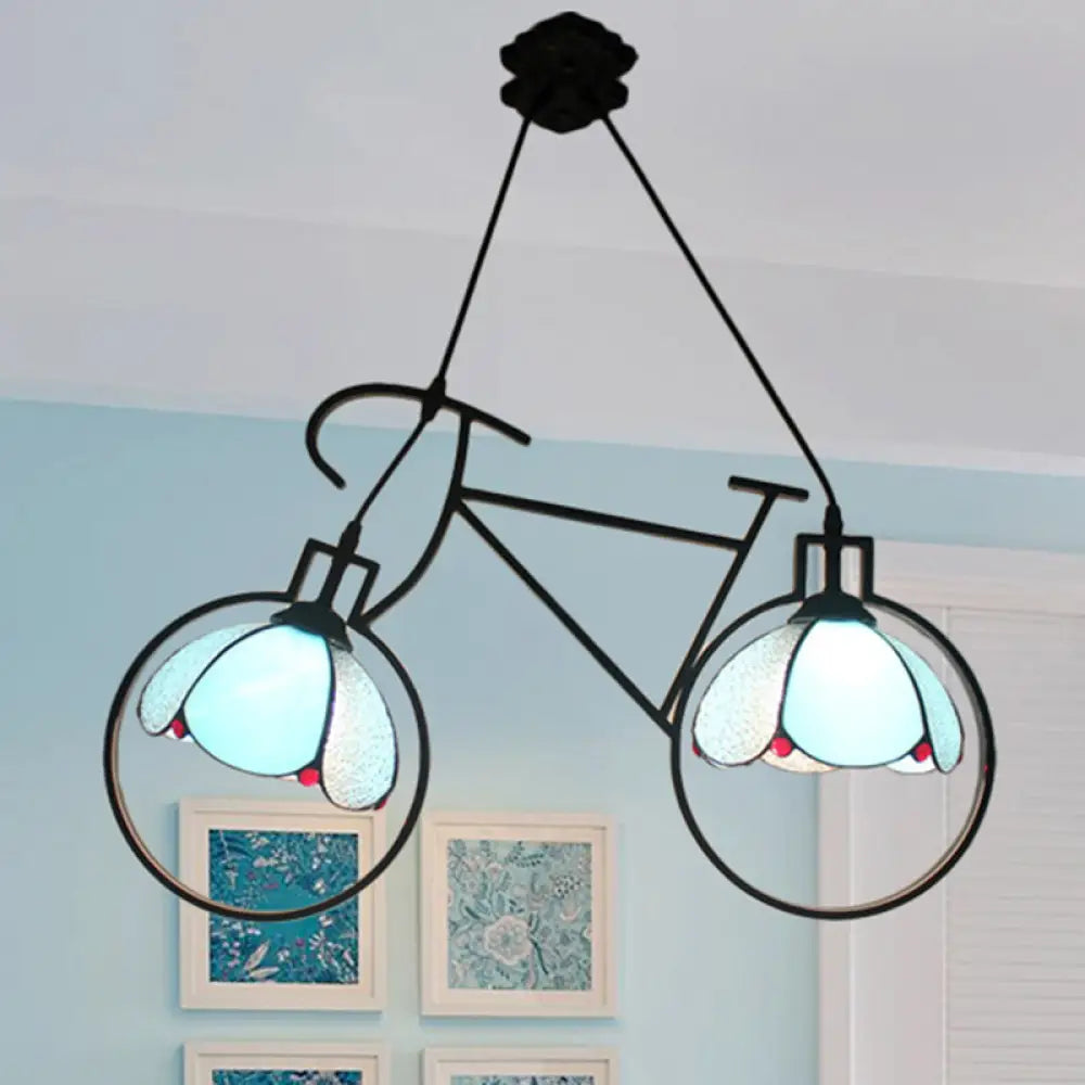Blue Metal Bicycle Pendant Light With 2 Bowl-Shade Lights: Perfect For Child’s Bedroom!