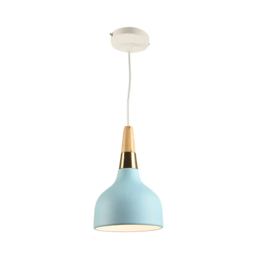 Blue Metal Bowl Pendant Light With Wood Top - Modernist Design