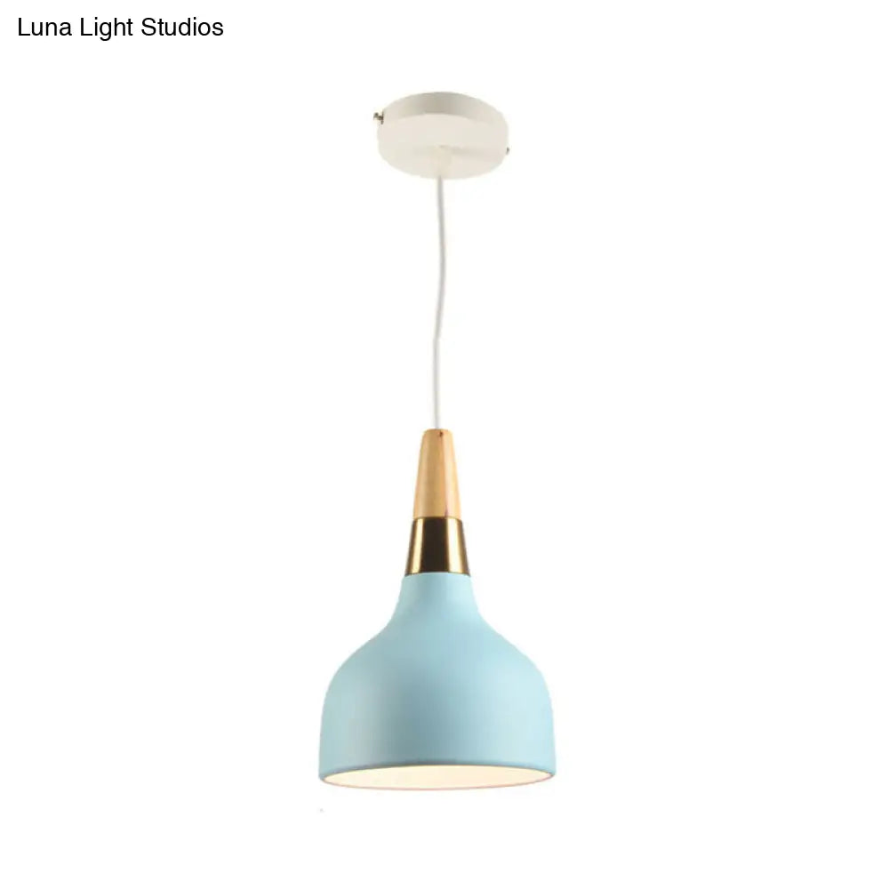 Blue Metal Bowl Pendant Lamp Modernist 1 Head Suspension Light With Wood Top