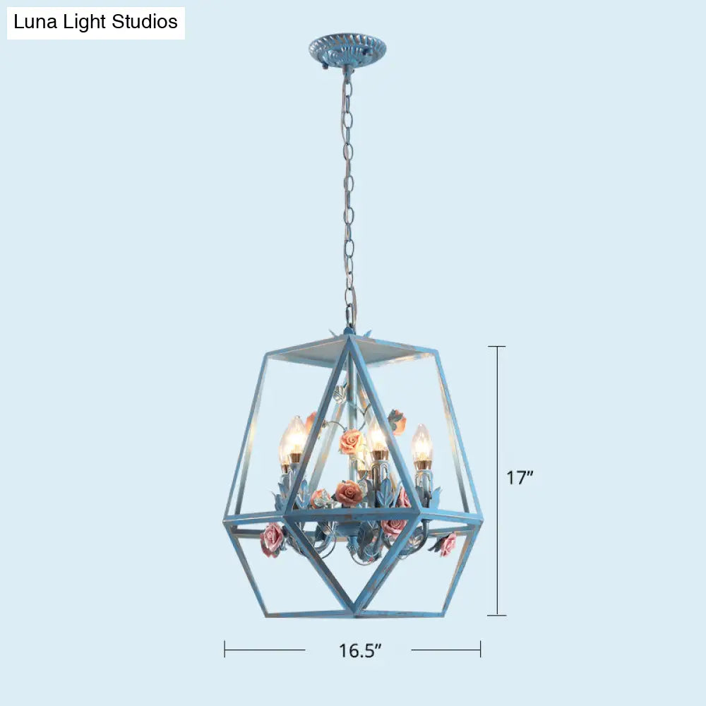 Blue Metal Cage Chandelier Pendant - American Garden Style 5-Light Hanging Lamp With Beautiful