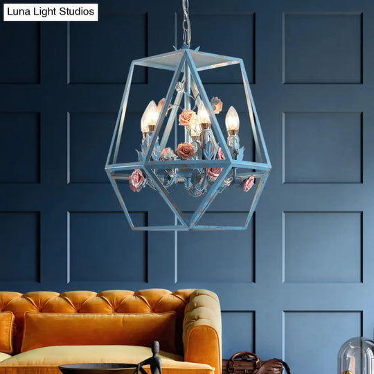 Blue Metal Cage Chandelier Pendant - American Garden Style 5-Light Hanging Lamp With Beautiful