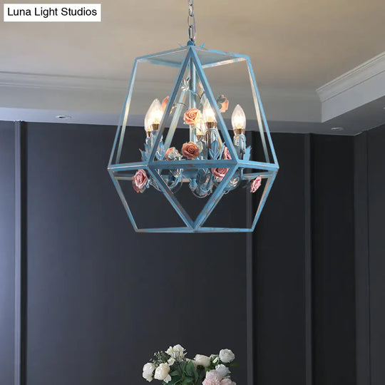 Blue Metal Cage Chandelier Pendant - American Garden Style 5-Light Hanging Lamp With Beautiful