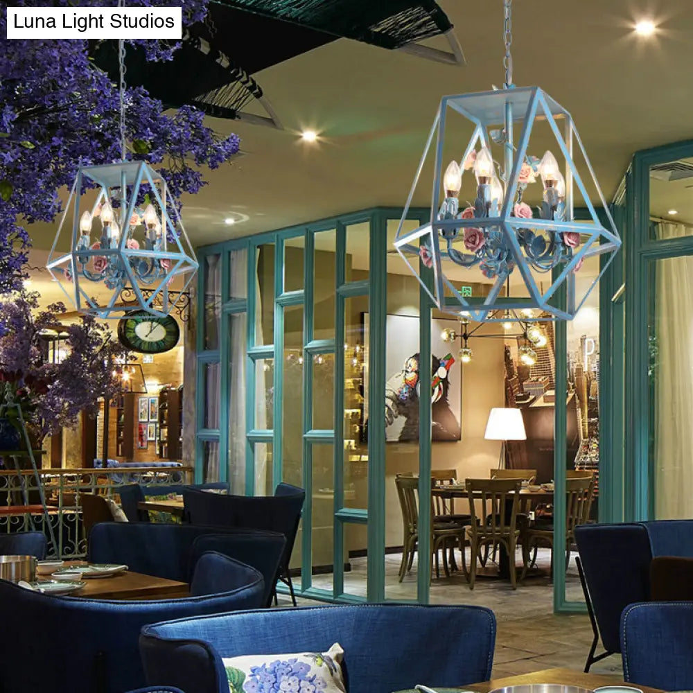 Blue Metal Cage Chandelier Pendant - American Garden Style 5-Light Hanging Lamp With Beautiful