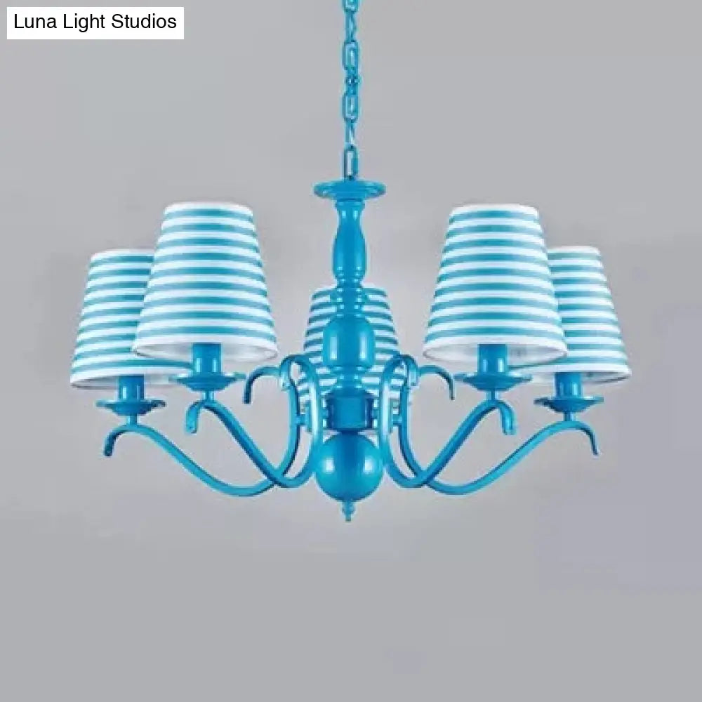 Blue Metal Chandelier: Bucket Shade Pendant Light With 5 Contemporary Lights For Dining Room