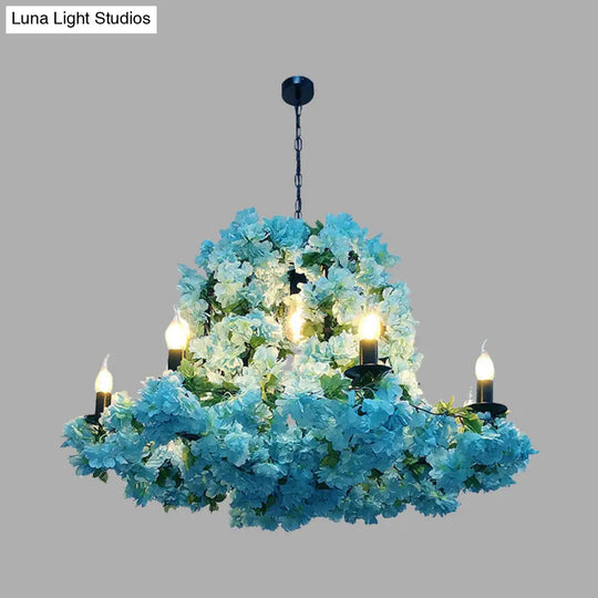 Blue Metal Candle Chandelier With Led Suspension Lighting & Cherry Blossoms - 6/8 Bulbs