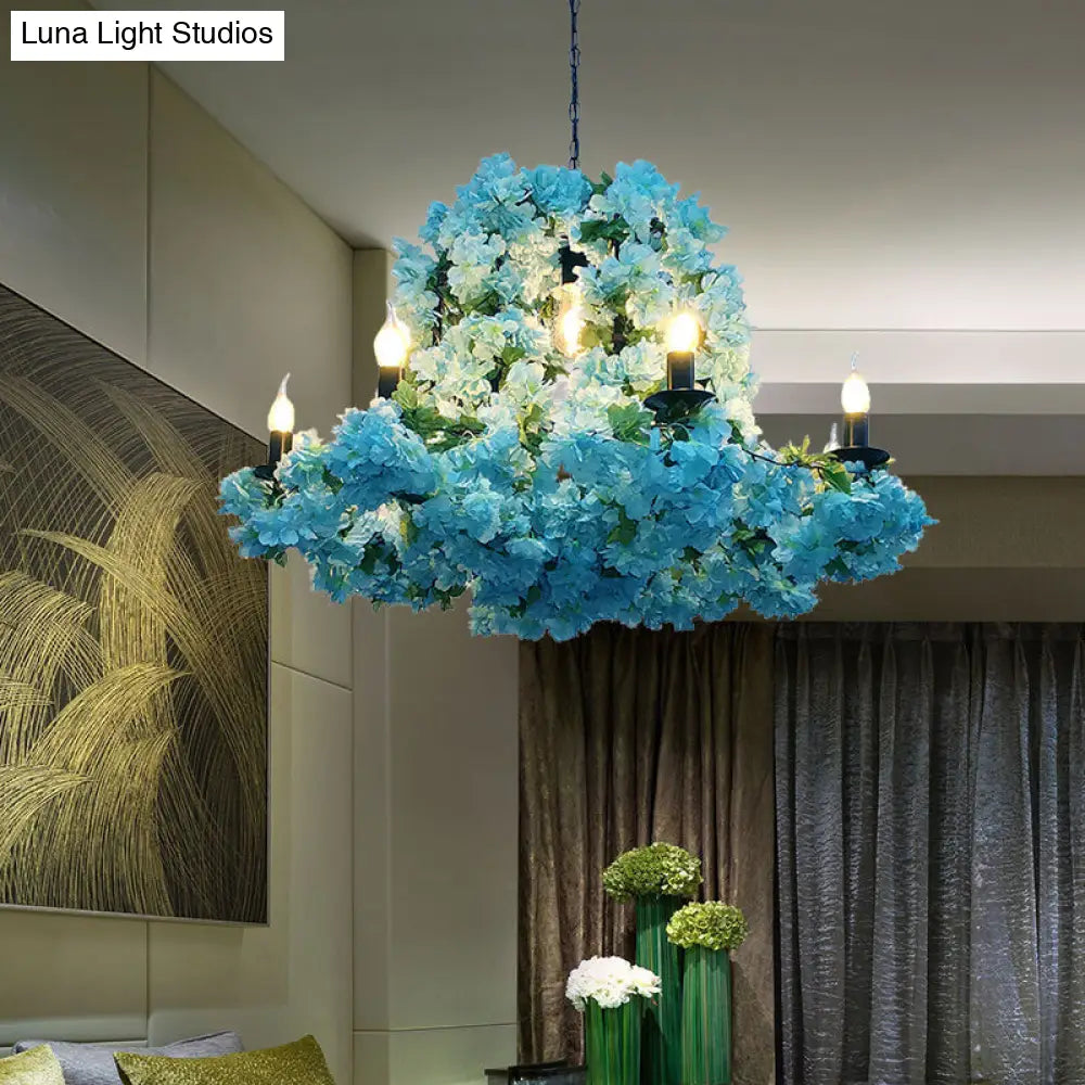 Blue Metal Candle Chandelier With Led Suspension Lighting & Cherry Blossoms - 6/8 Bulbs 8 /