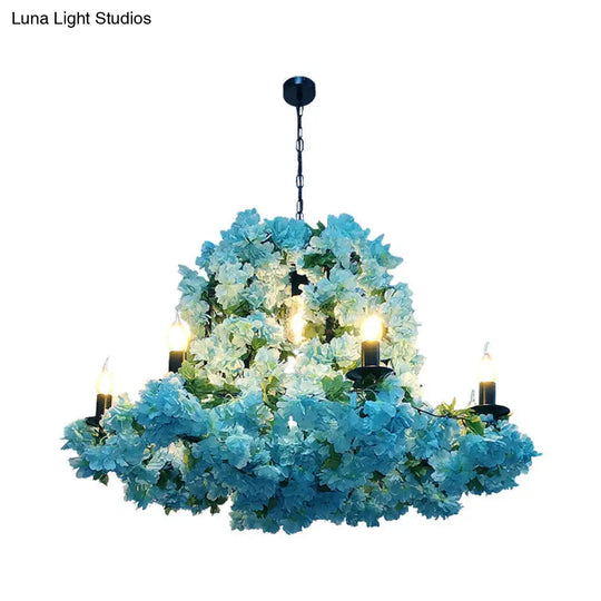 Blue Metal Candle Chandelier With Led Suspension Lighting & Cherry Blossoms - 6/8 Bulbs