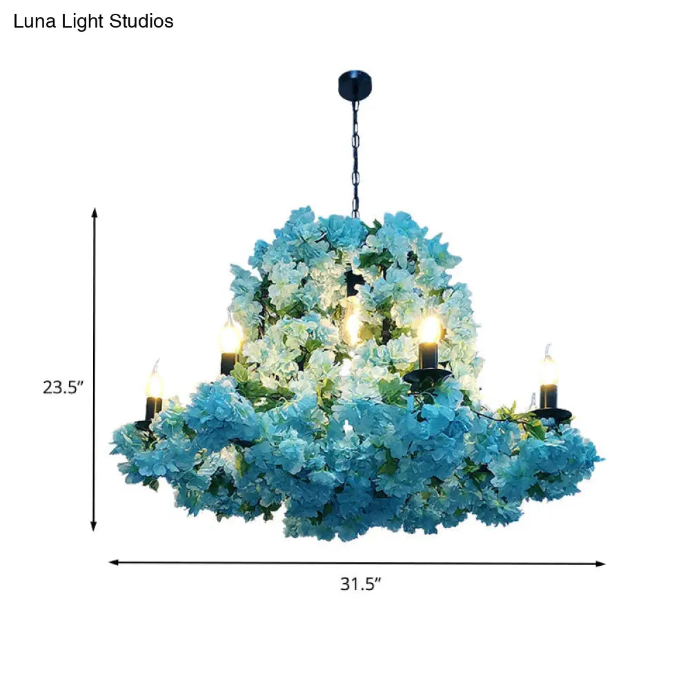 Blue Metal Candle Chandelier With Led Suspension Lighting & Cherry Blossoms - 6/8 Bulbs