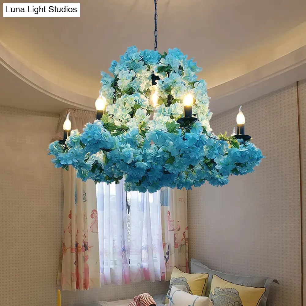 Blue Metal Candle Chandelier With Led Suspension Lighting & Cherry Blossoms - 6/8 Bulbs 6 /