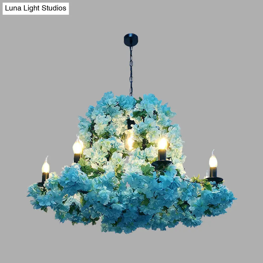 Blue Metal Led Suspension Candle Chandelier Light Fixture With Cherry Blossom - 6/8 Bulbs