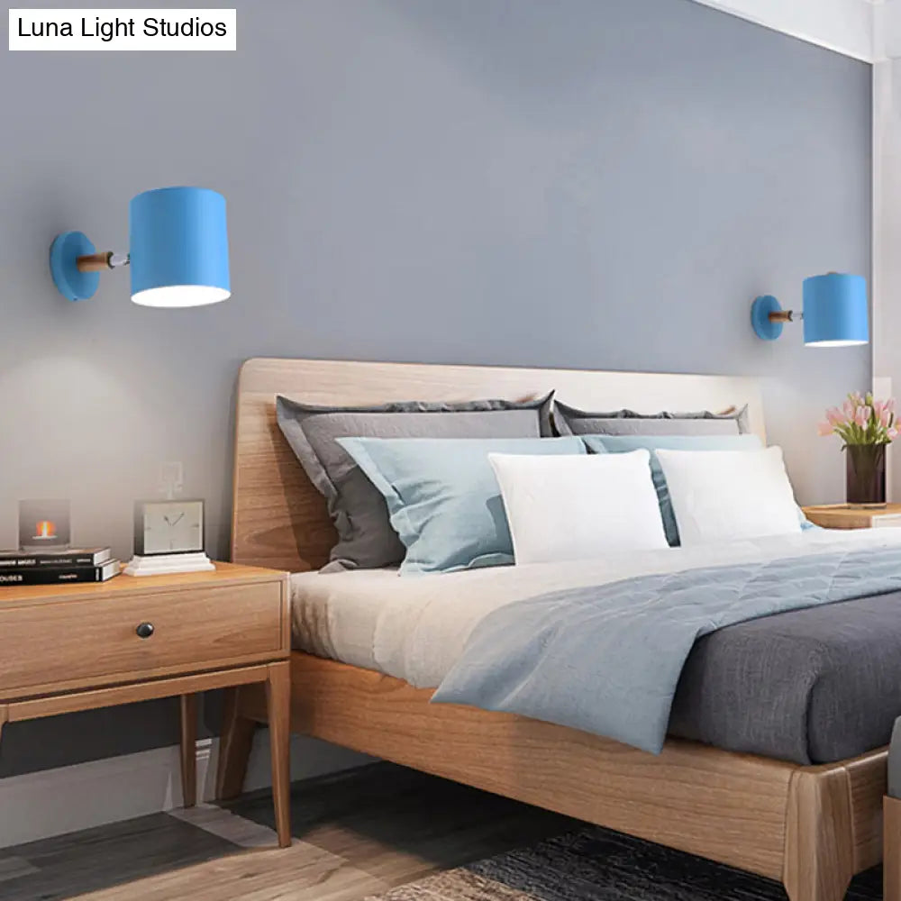 Blue Metal Wall Lamp With Rotating Node - Tubular Macaron Sconce Light