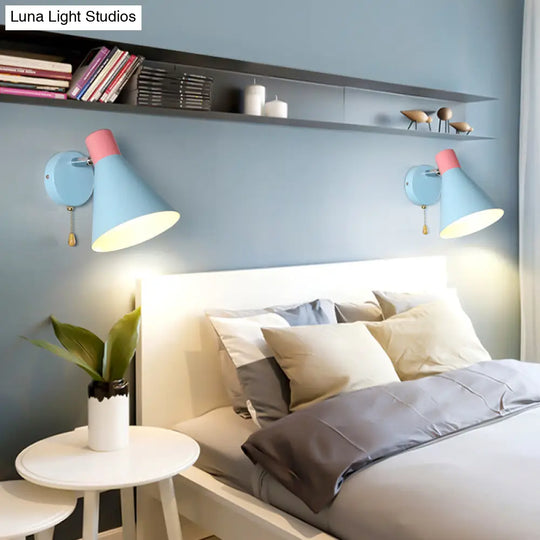 Blue Metal Wide Flare Sconce: Contemporary Wall Mount Light With Pull Chain