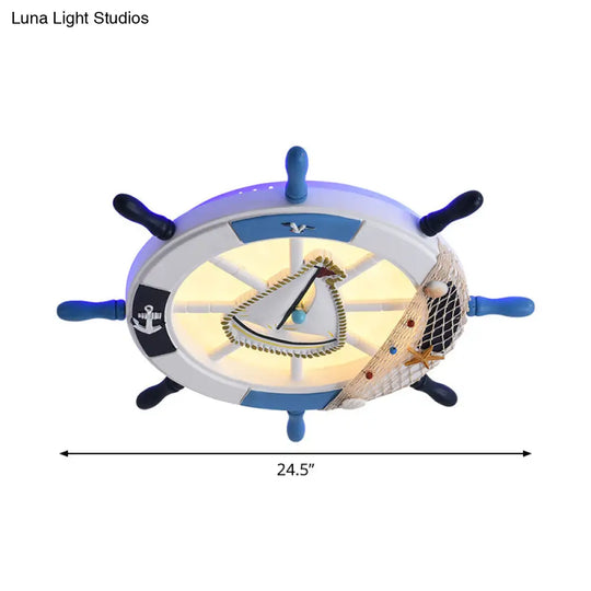 Blue Metallic Rudder Kids Led Flushmount Ceiling Lamp With Acrylic Shade