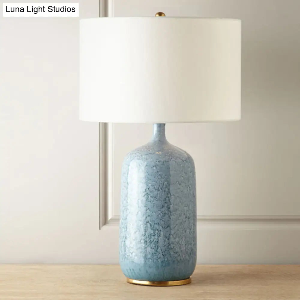 Blue Minimalistic Drum Table Light With Ceramic Base - 1 Bulb Fabric Nightstand Lighting