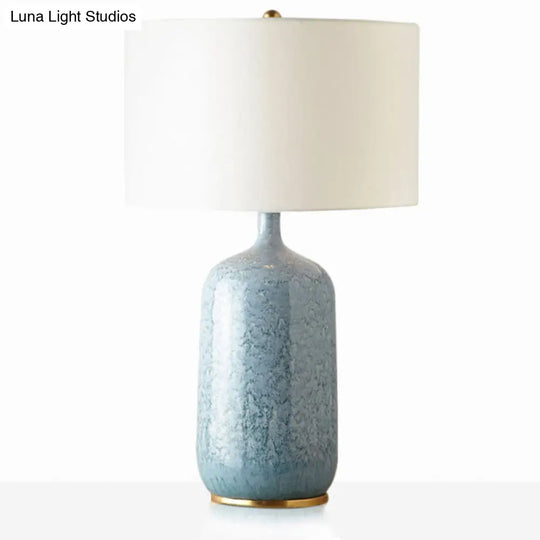 Blue Minimalistic Drum Table Light With Ceramic Base - 1 Bulb Fabric Nightstand Lighting