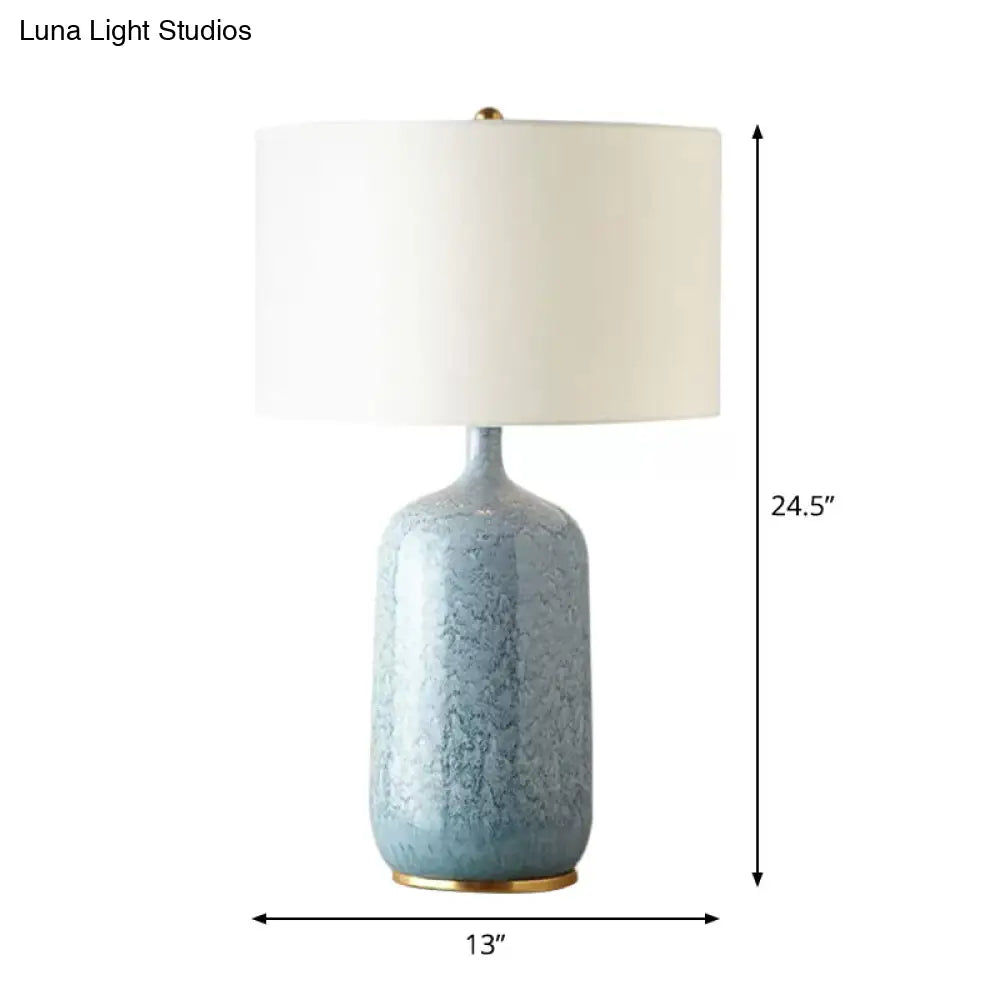 Blue Minimalistic Drum Table Light With Ceramic Base - 1 Bulb Fabric Nightstand Lighting