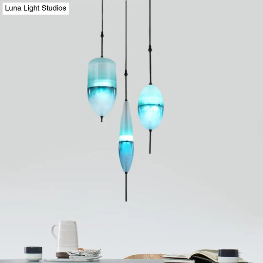 Blue Modernist Teardrop Cluster Pendant Light Fixture With 3 Glass Lights For Living Room