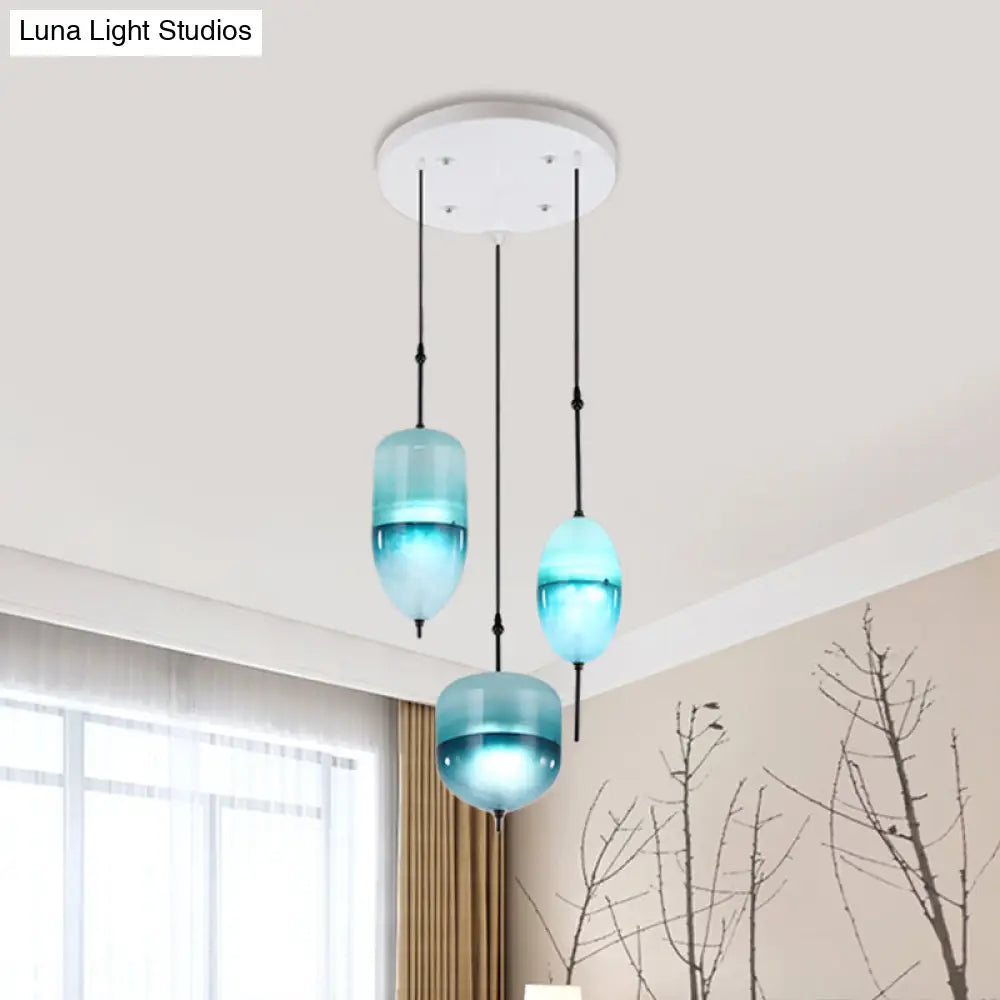 Blue Modernist Teardrop Cluster Pendant Light Fixture With 3 Glass Lights For Living Room