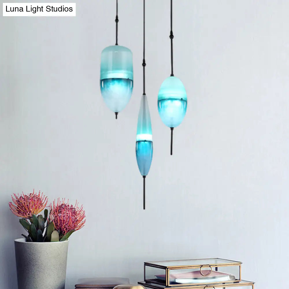 Blue Modernist Teardrop Cluster Pendant Light Fixture With 3 Glass Lights For Living Room