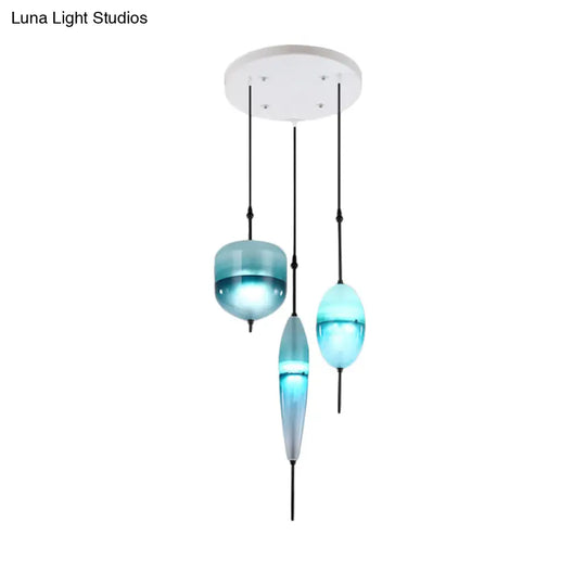 Blue Modernist Teardrop Cluster Pendant Light Fixture With 3 Glass Lights For Living Room