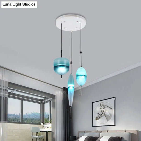 Blue Modernist Teardrop Cluster Pendant Light Fixture With 3 Glass Lights For Living Room