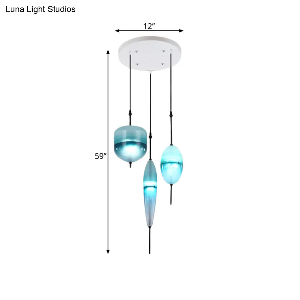 Blue Modernist Teardrop Cluster Pendant Light Fixture With 3 Glass Lights For Living Room