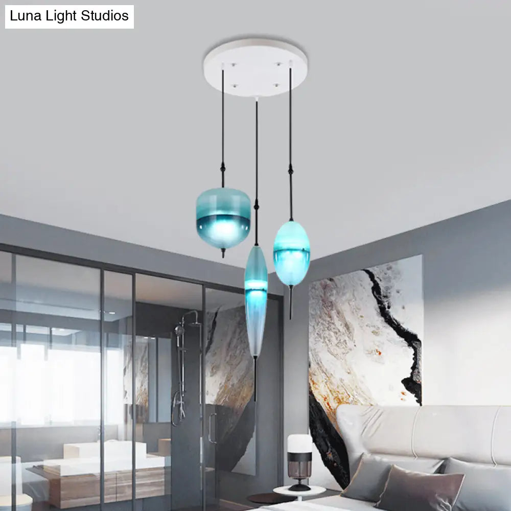 Blue Modernist Teardrop Cluster Pendant Light Fixture With 3 Glass Lights For Living Room