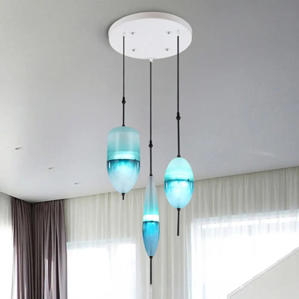 Blue Modernist Teardrop Cluster Pendant Light Fixture With 3 Glass Lights For Living Room / C