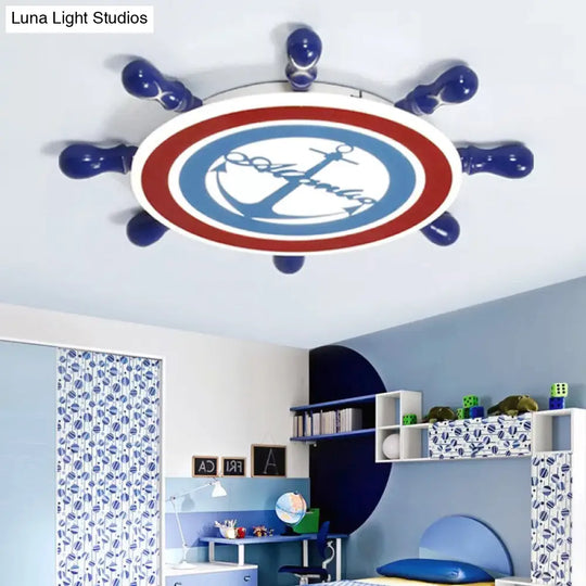 Blue Nautical Rudder Ceiling Light For Kids Bedroom With Anchor Acrylic Flush Design / White