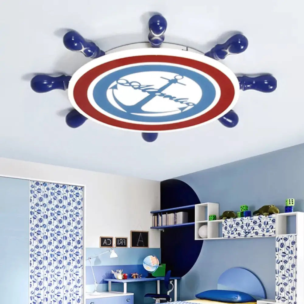 Blue Nautical Rudder Ceiling Light For Kids Bedroom With Anchor Acrylic Flush Design / White