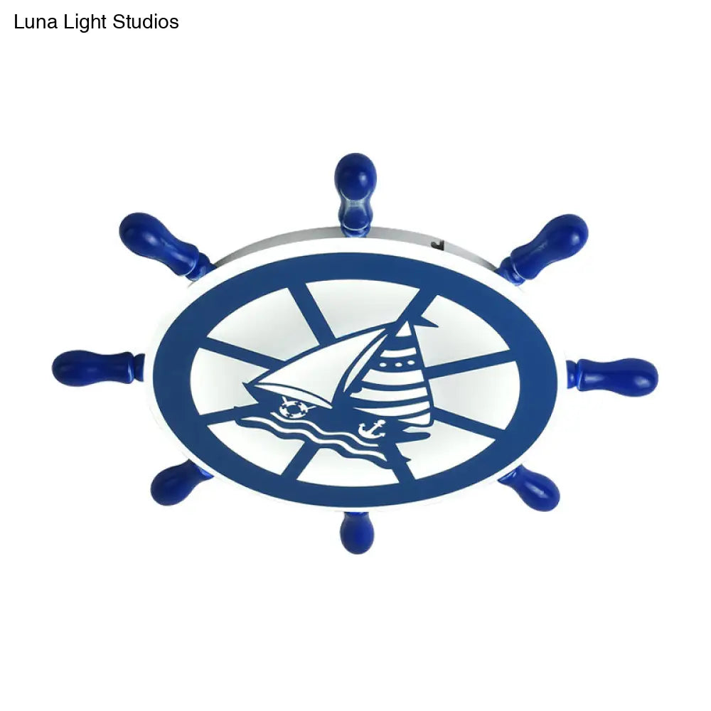 Blue Nautical Rudder Flushmount Led Ceiling Lamp For Boys Bedroom: Warm/White Light