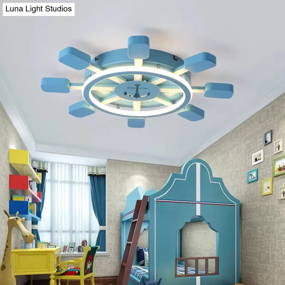Blue Nautical Rudder Led Ceiling Light With Anchor Metal Lamp - Perfect For Kid’s Bedrooms