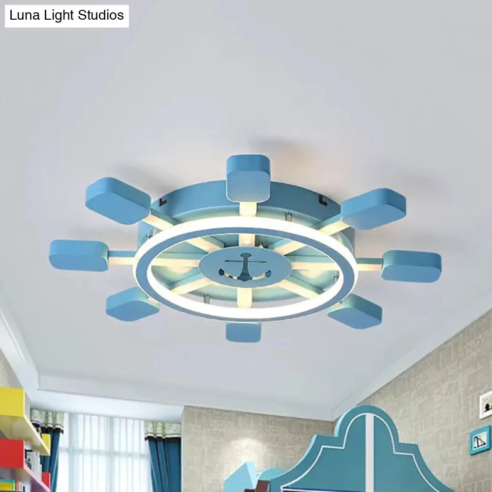 Blue Nautical Rudder Led Ceiling Light With Anchor Metal Lamp - Perfect For Kids Bedrooms