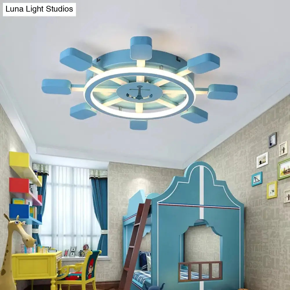 Blue Nautical Rudder Led Ceiling Light With Anchor Metal Lamp - Perfect For Kids Bedrooms