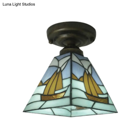 Blue Nautical Sailboat Stained Glass Flush Ceiling Light With 1 - Perfect For Bathrooms