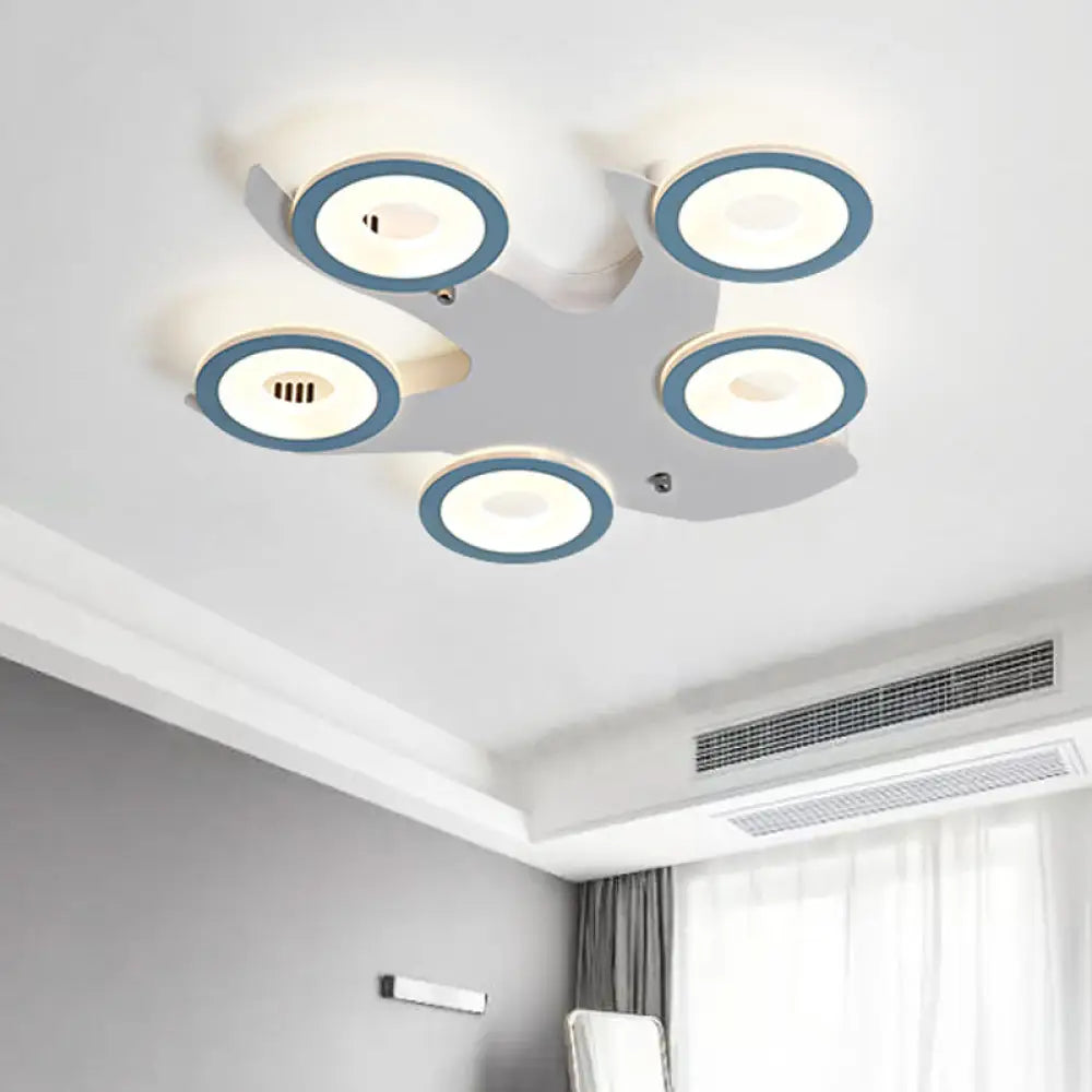 Blue Nordic Led Ceiling Light With 5 Acrylic Rings And Iron Canopy For Bedroom Flush Mount
